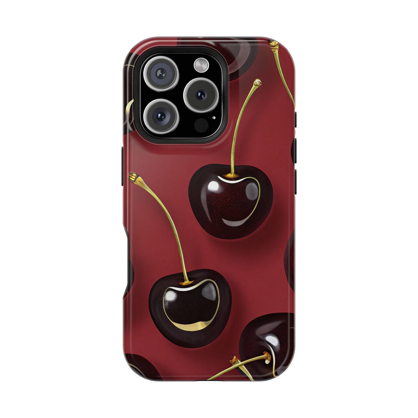 Cherry iPhone tough case with vibrant photo-realistic cherry design, dual-layer protection, and MagSafe compatibility