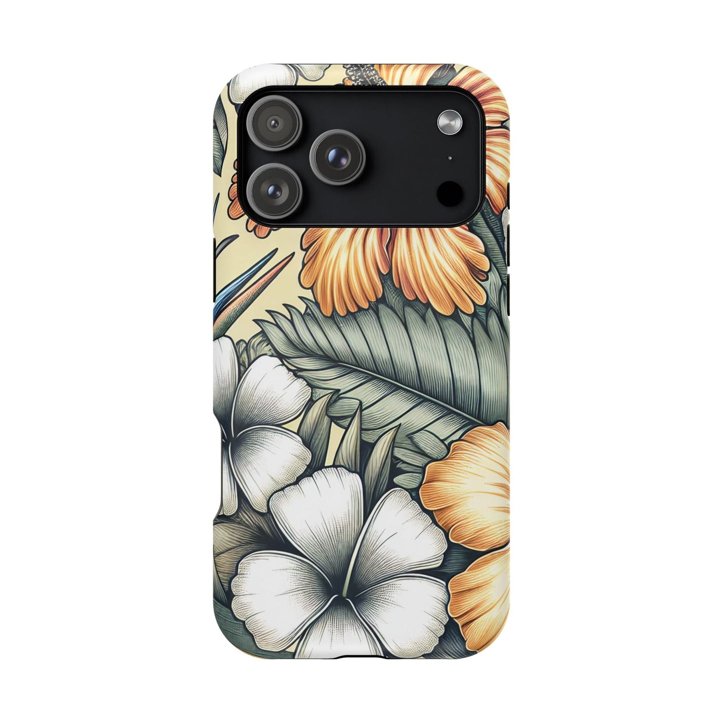 Golden Tropical Floral iPhone tough case with durable dual-layer protection and MagSafe compatibility