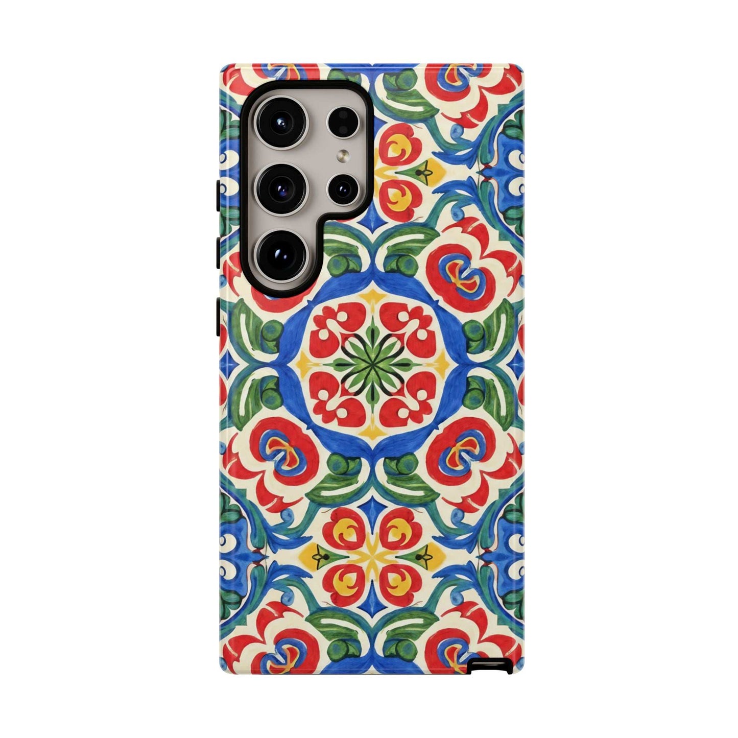 Mediterranean Samsung Case with hand-painted folk tile pattern in vibrant blues, reds, and greens on protective phone cover
