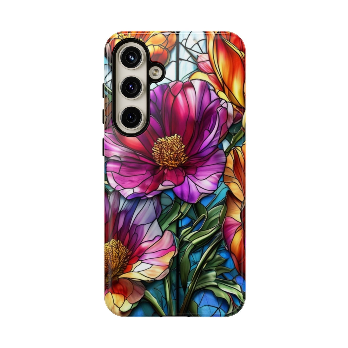 Samsung phone case with vibrant purple flower design, durable impact-resistant protection, and UV coating