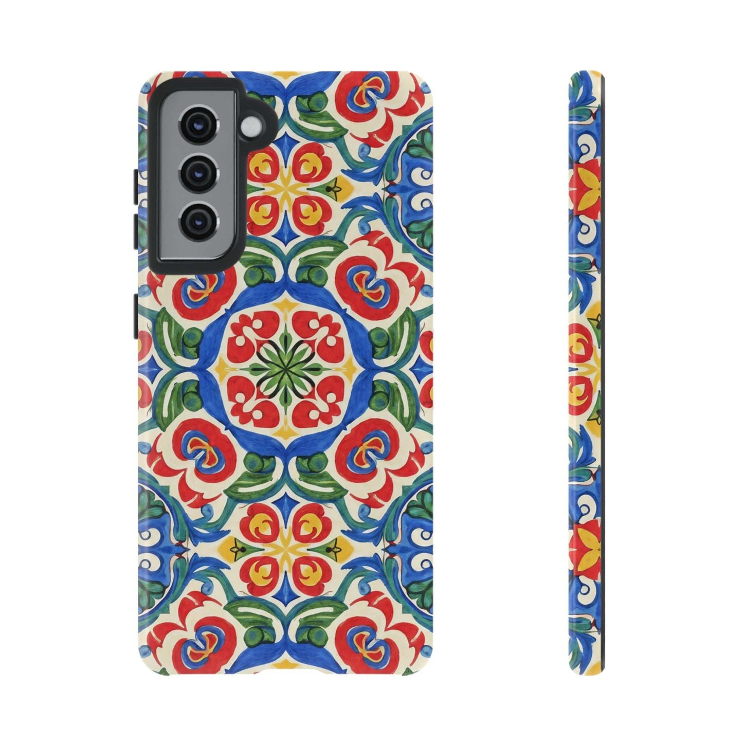 Mediterranean Samsung Case with hand-painted tile design and dual-layer protection in vibrant cobalt blue and terracotta colors