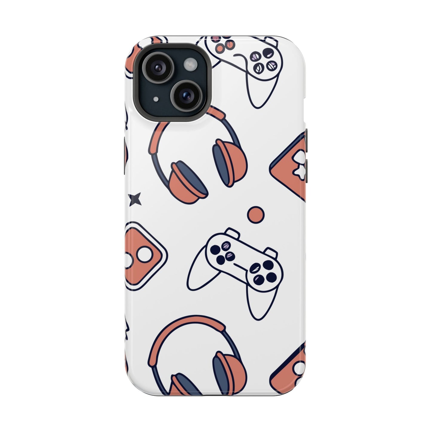 Gamer iPhone tough case with white background and gaming controller and headset icons in orange and black, durable protective design with MagSafe compatibility