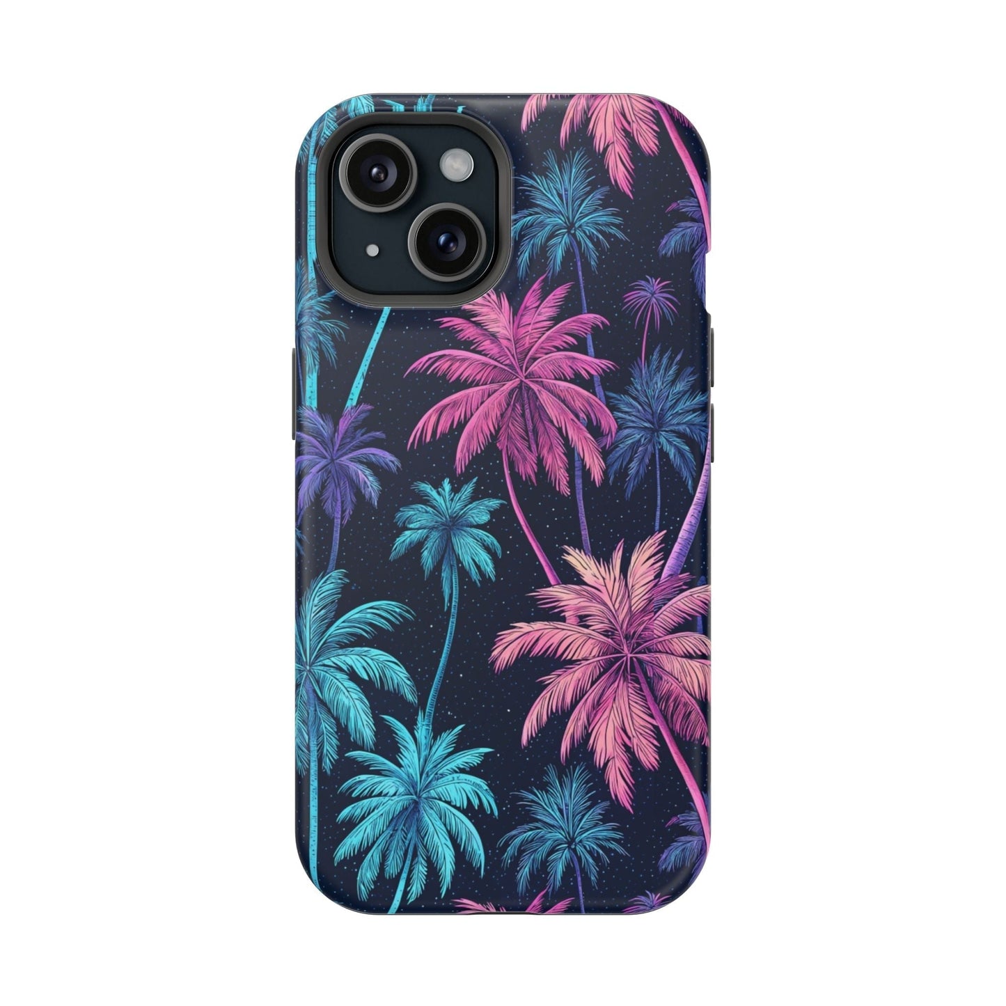Neon Palm Trees phone case with vibrant blue and pink tropical palm design for iPhone with MagSafe compatibility.