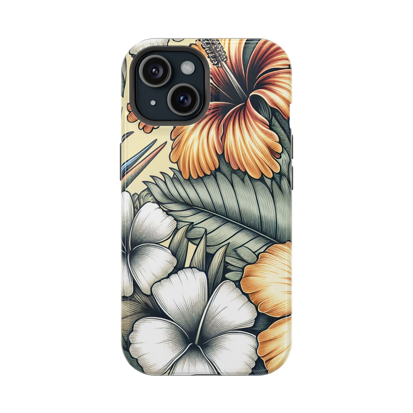 Golden Tropical Floral iPhone tough case with durable dual-layer protection and MagSafe compatibility