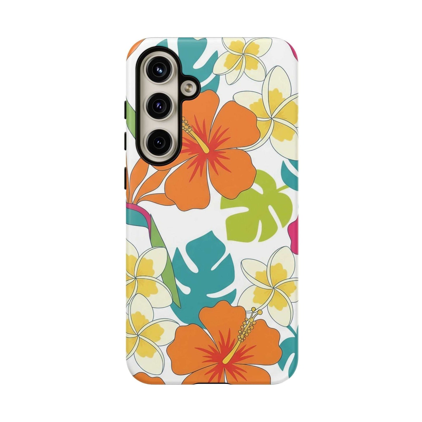 Orange floral Samsung case with durable shock-absorbing design and wireless charging support