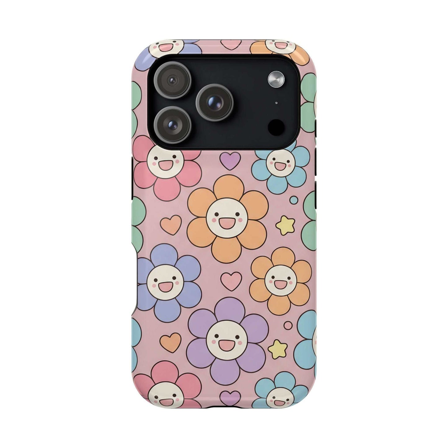 Happy Flower iPhone tough case with colorful smiling flower design and impact-resistant magnetic protection