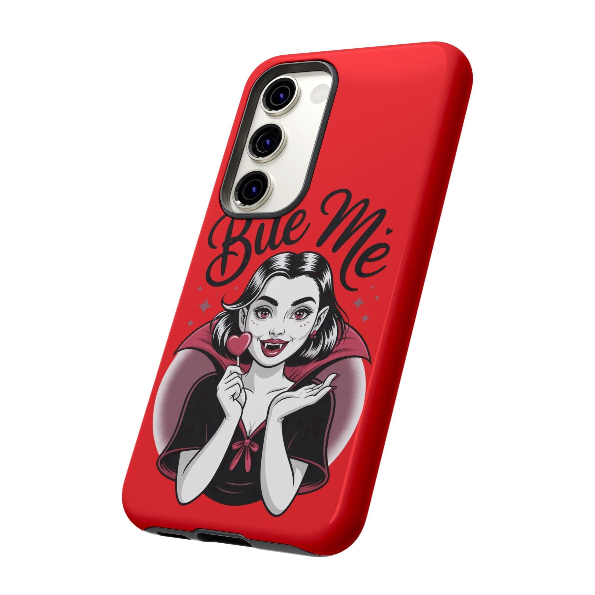 Red Samsung phone case with playful vampire girl illustration and "Bite Me" text, compatible with multiple Galaxy models.