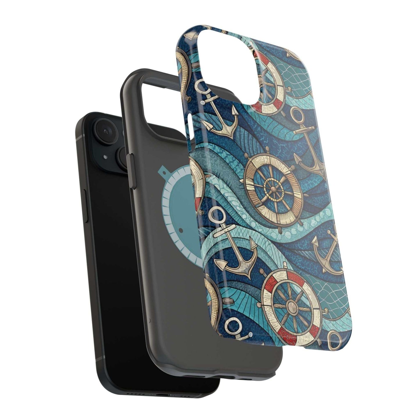 Nautical Theme iPhone case with anchors and ship wheels, durable coastal design for iPhone 13-16 series, dual-layer protection with MagSafe compatibility
