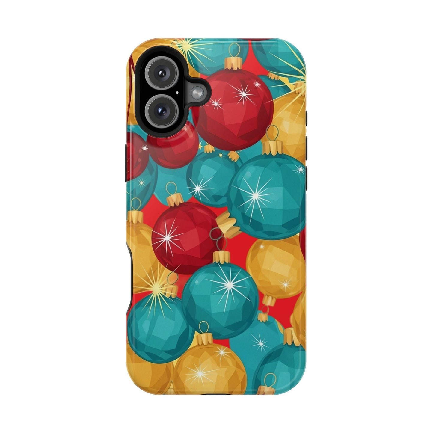 iPhone case with colorful Christmas Tree Sparkle Bulbs design in red, teal, and gold with dual-layer protection and MagSafe compatibility