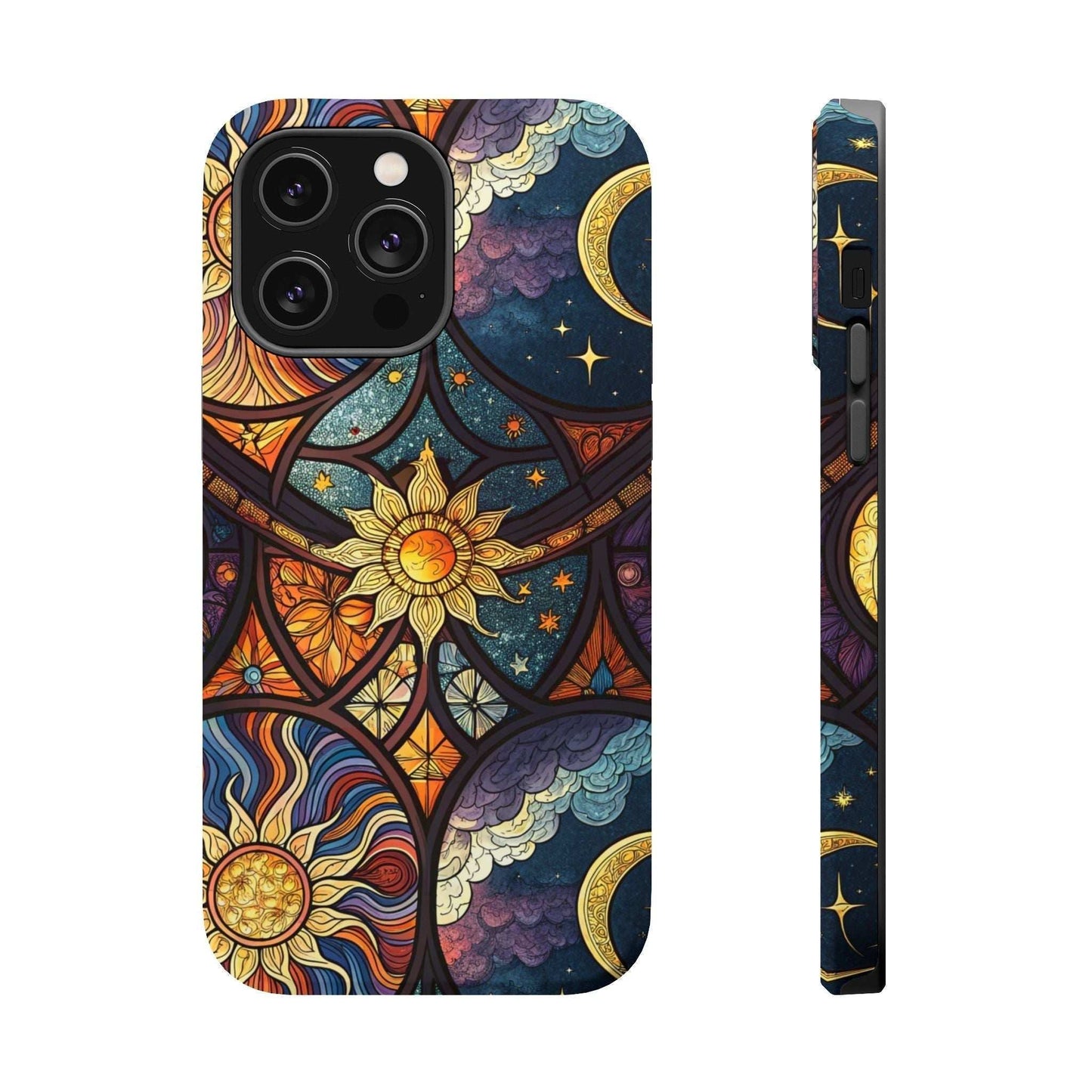 Sun and Moon iPhone Case with cosmic celestial design and durable dual-layer protection for iPhone 13 to 16 series