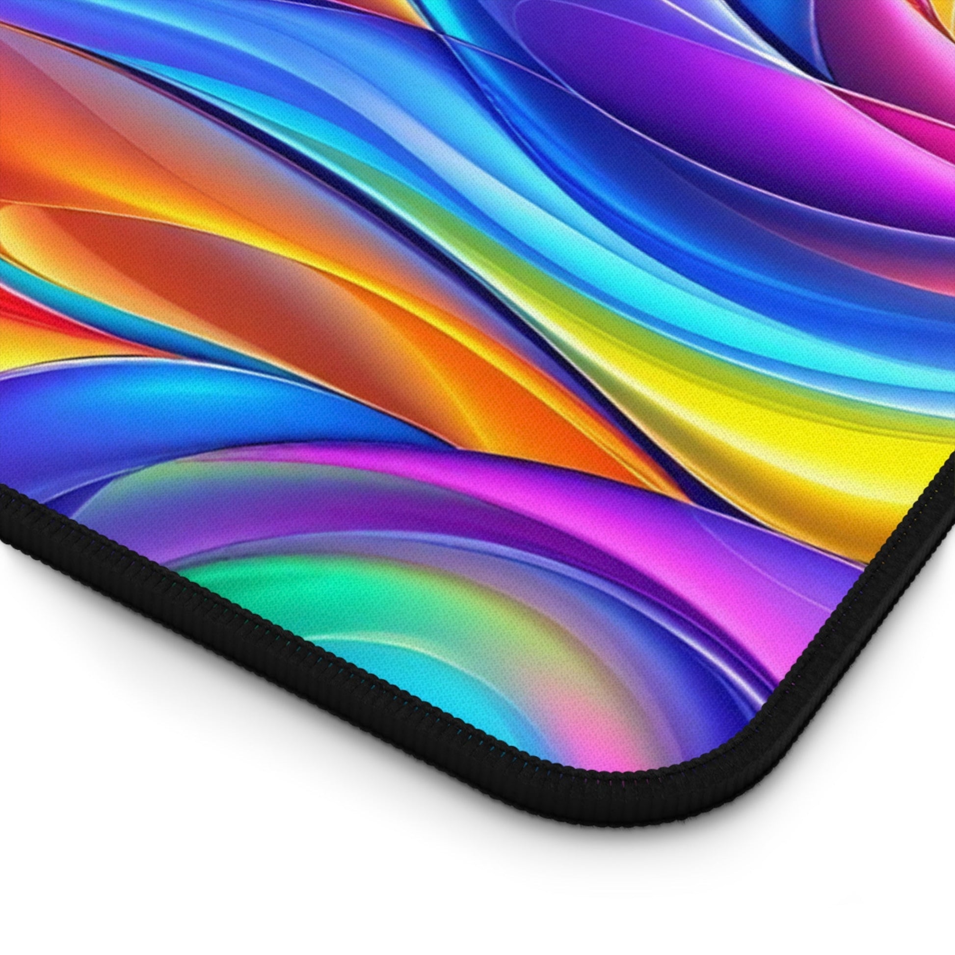 Modern Rainbow Waves colorful desk mat with non-slip hemmed edges