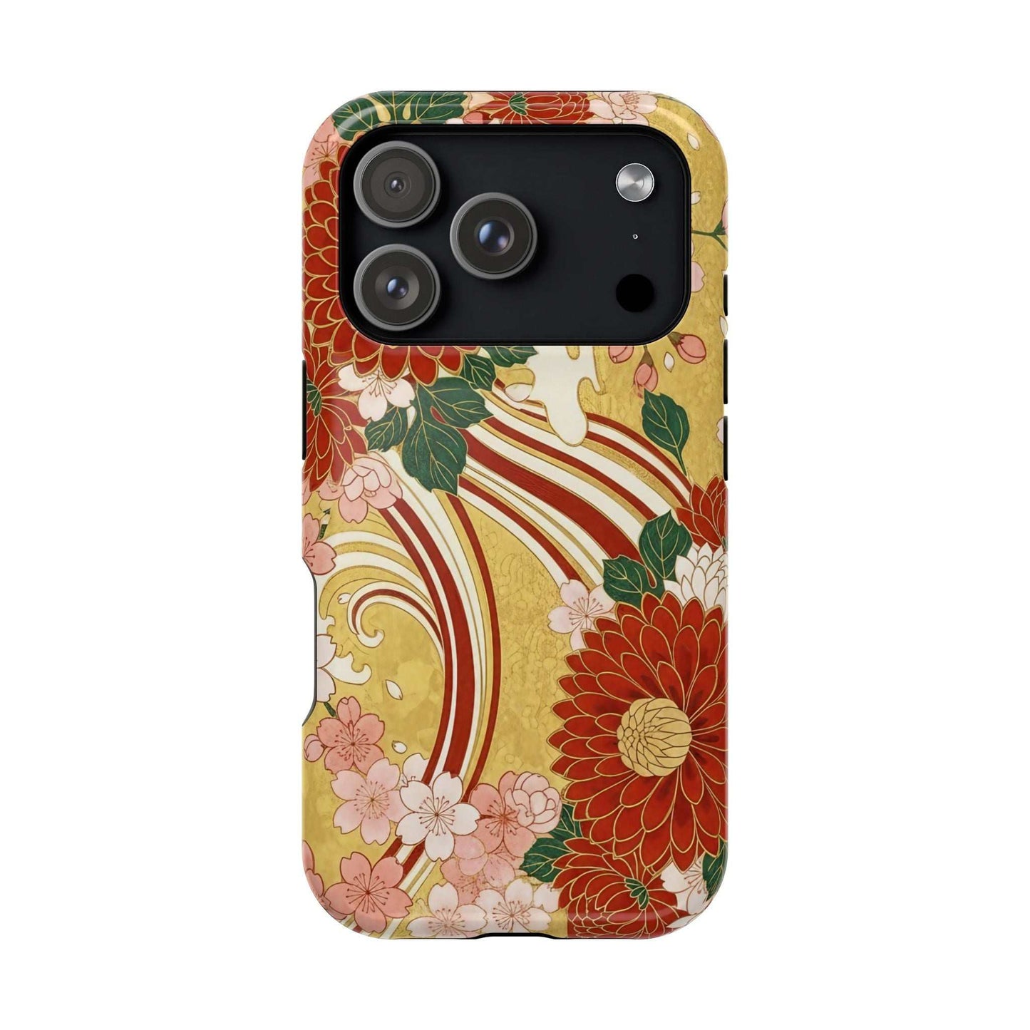 Slim impact-resistant iPhone case with Japanese chrysanthemum and cherry blossom design, MagSafe compatible