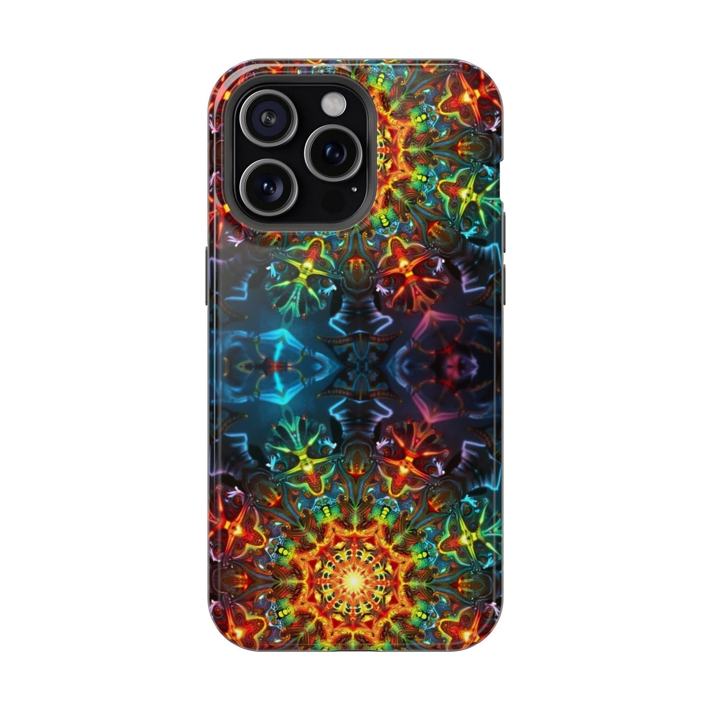 iPhone case with vibrant abstract kaleidoscope design and MagSafe compatibility
