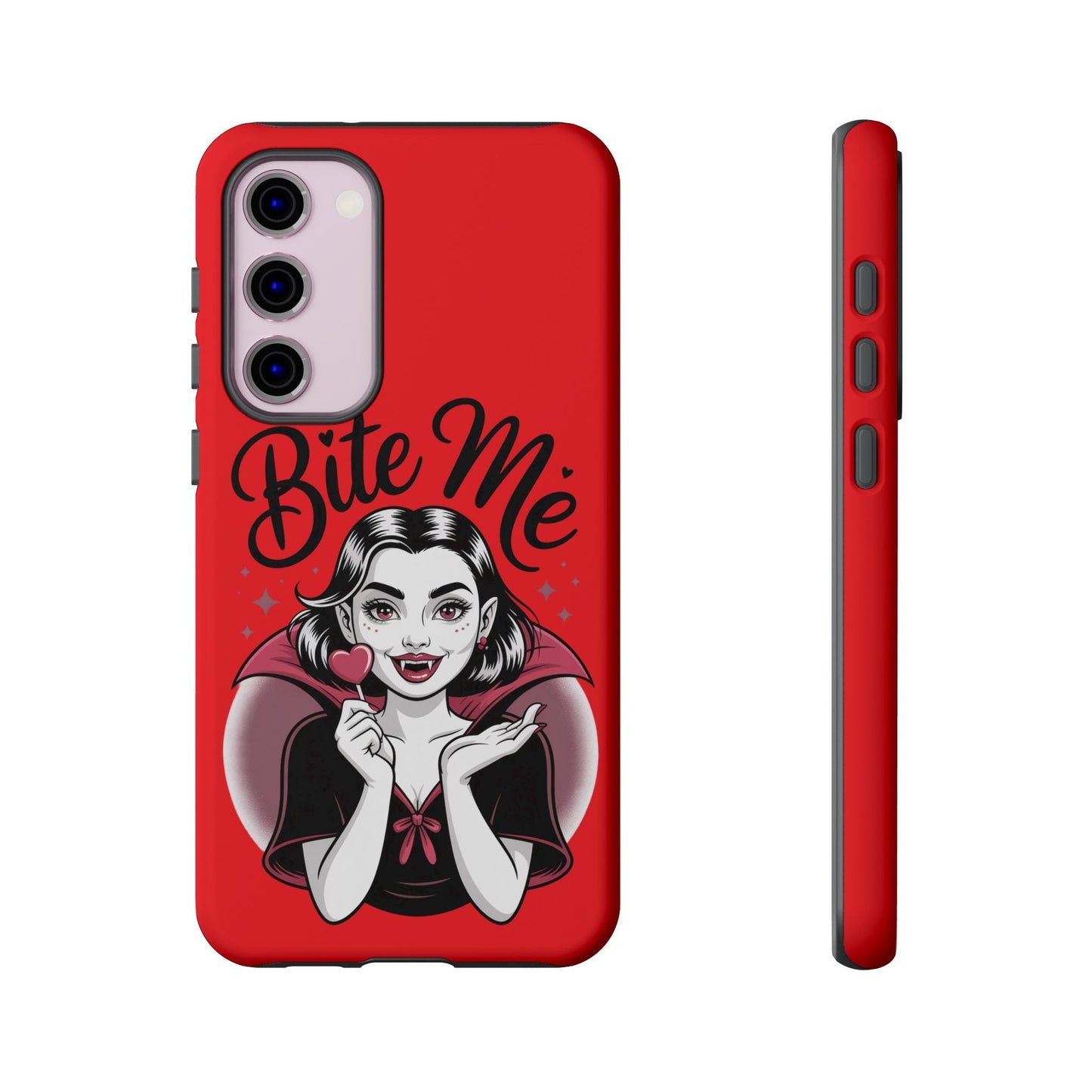Bite Me Vampire Samsung phone case in red with cartoon vampire girl design and bold text for Halloween-themed protection