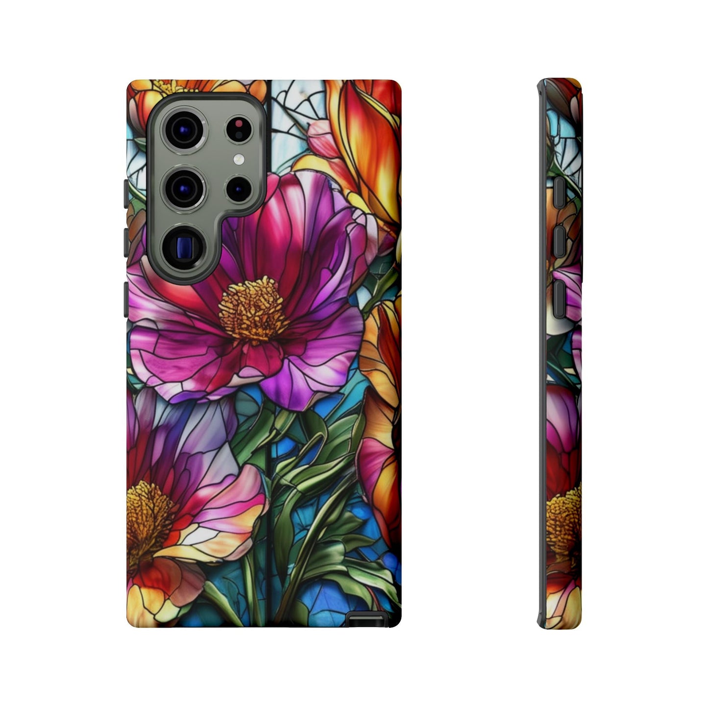 Samsung phone case with vibrant purple flower design, durable and impact-resistant protection, UV resistant, supports wireless charging