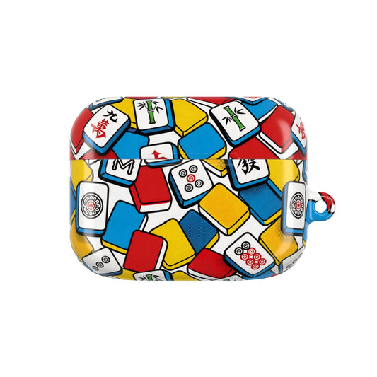 Vibrant Mahjong AirPods case with colorful tile design, durable polycarbonate shell, and carabiner attachment