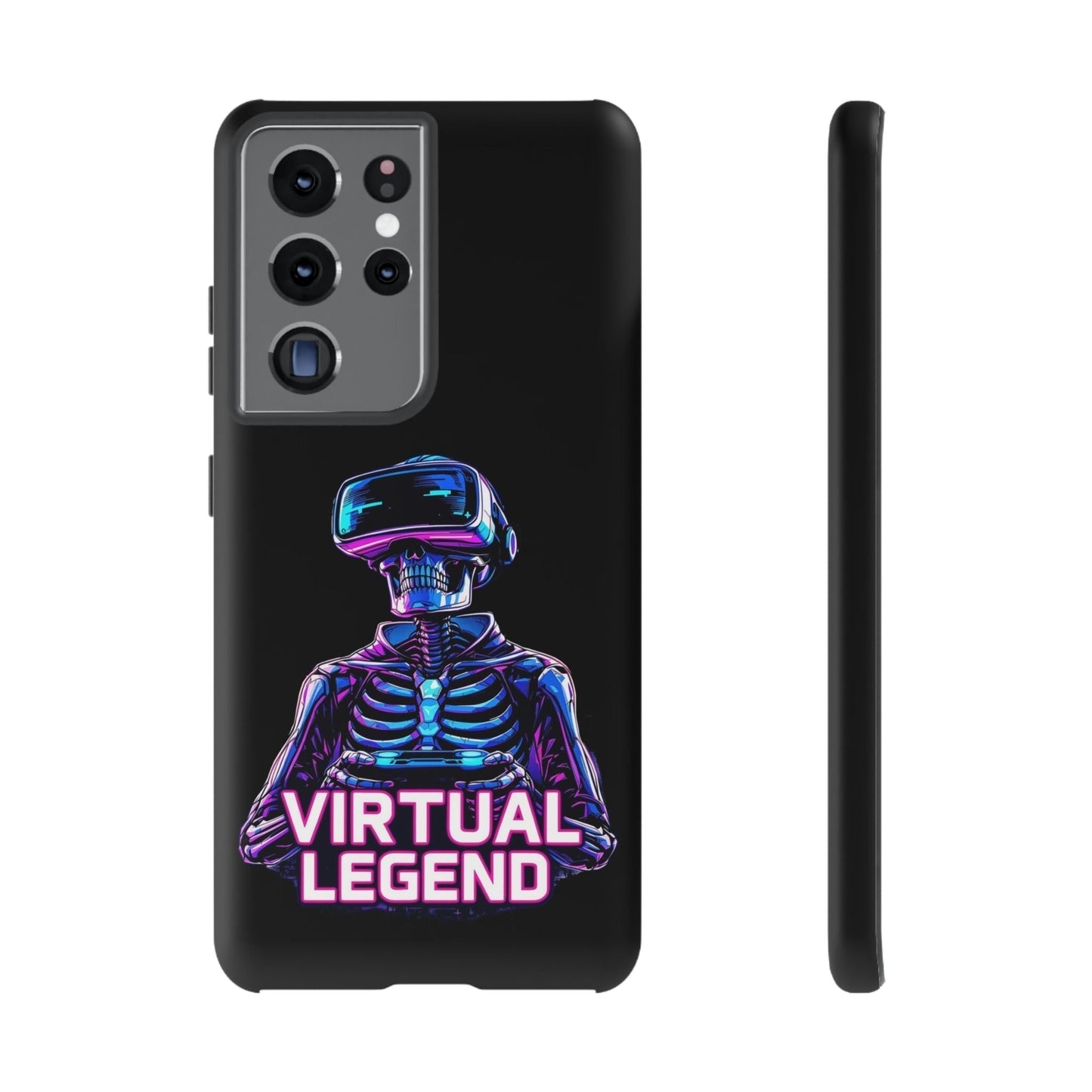 Virtual Legend Gamer Tough Case with shockproof black design featuring a neon skeleton wearing VR headset on Samsung phone
