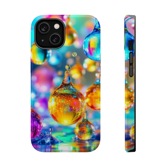 iPhone tough case with vibrant golden raindrop design and MagSafe compatibility