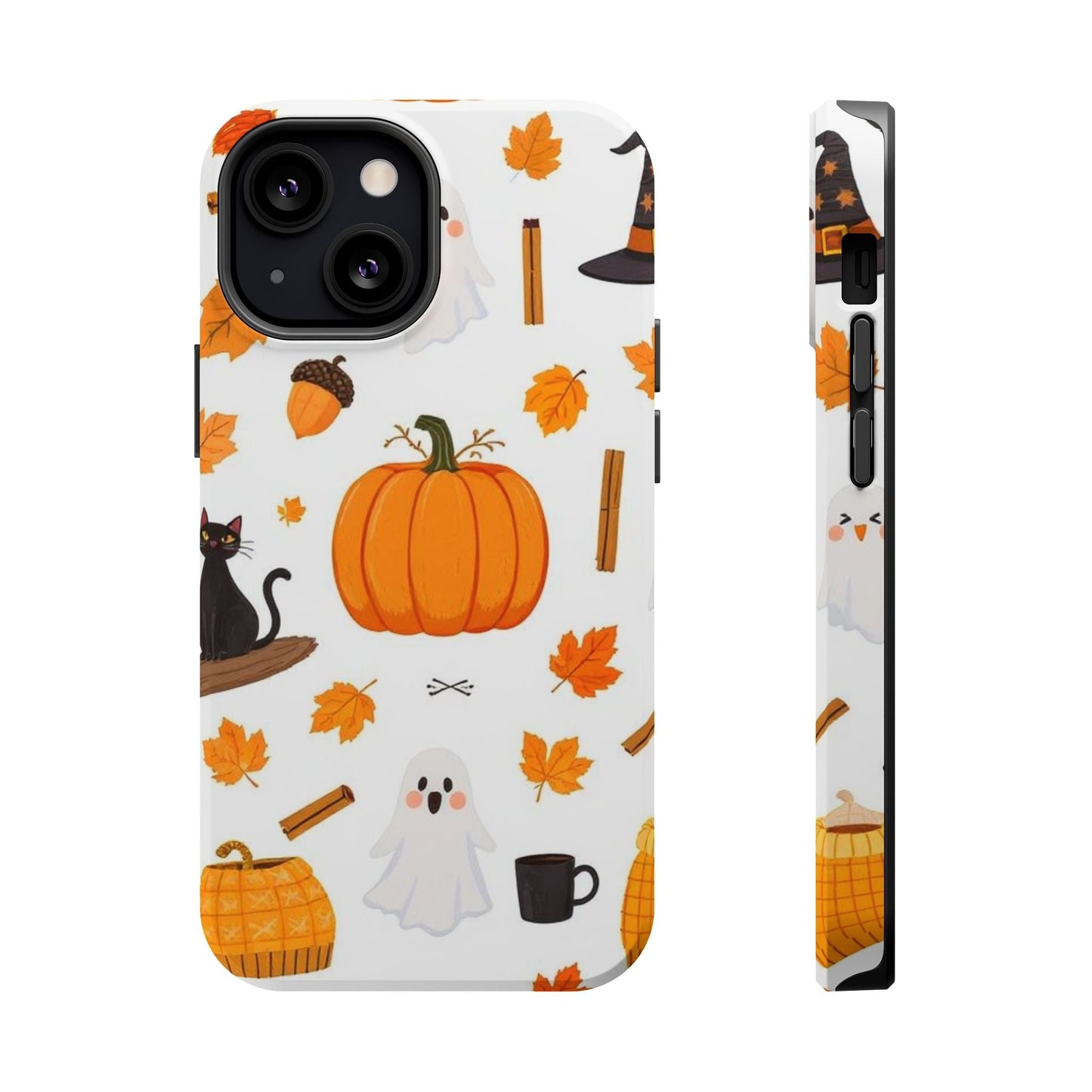 Halloween Pumpkins iPhone case with spooky pumpkins, ghosts, black cat, autumn leaves, and MagSafe compatibility