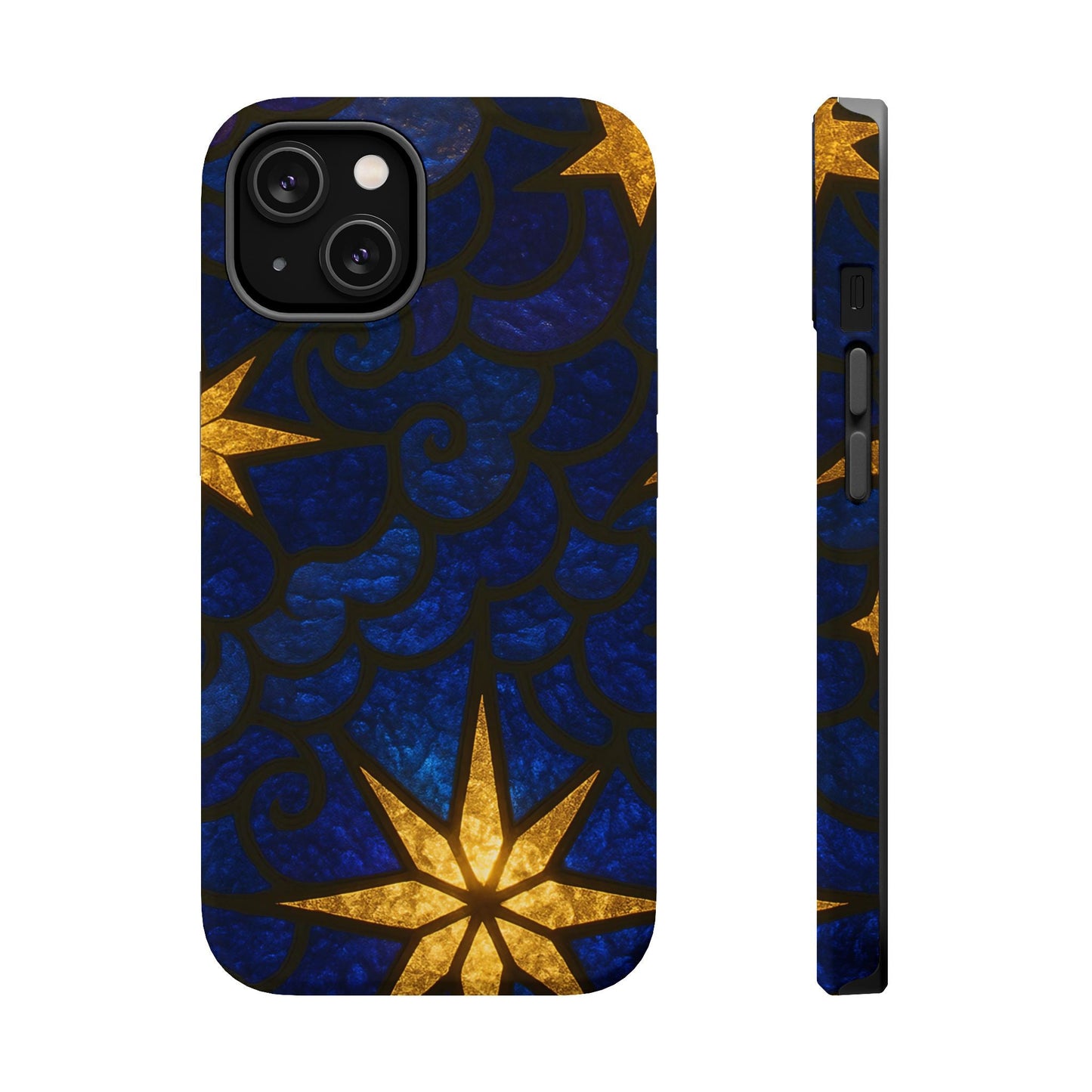 iPhone tough case with blue background and golden star design, durable dual-layer protection, MagSafe compatible, available in matte or glossy finish