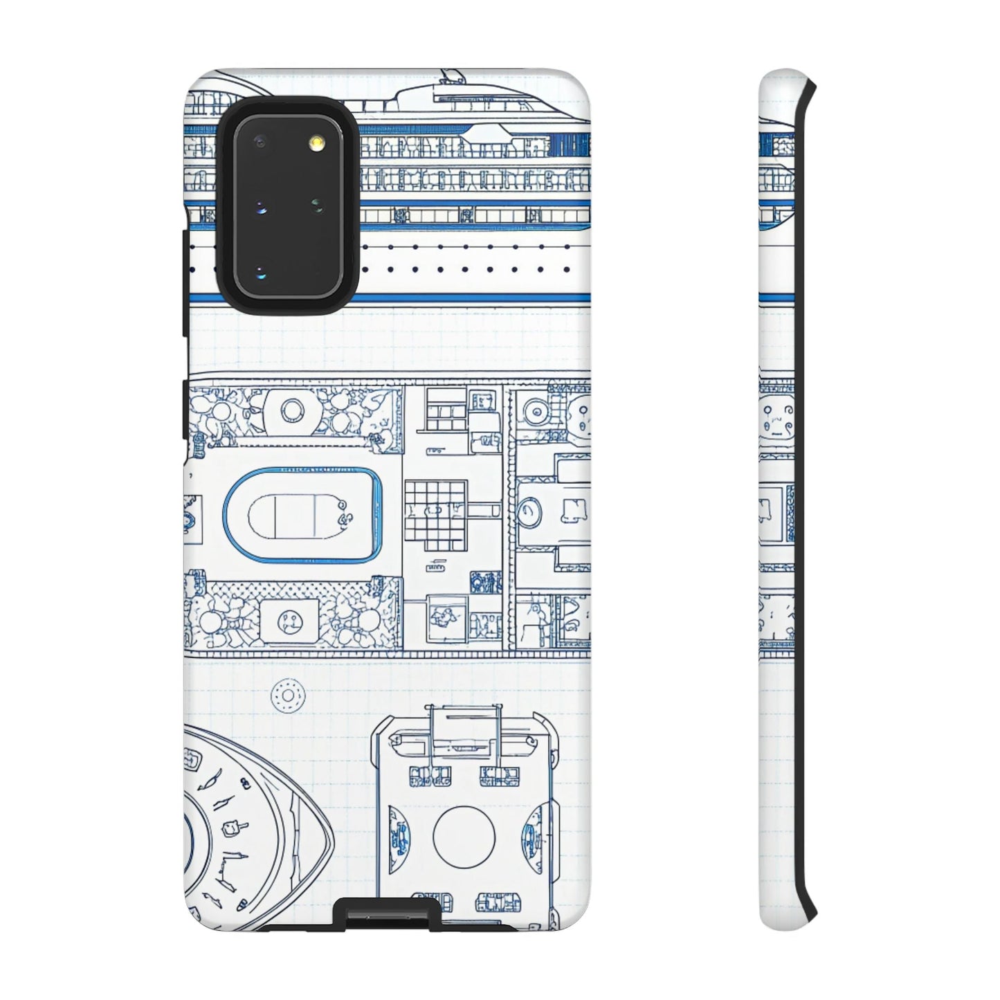 Samsung phone case with detailed cruise ship design blueprint, durable and protective with 3D print and UV resistance