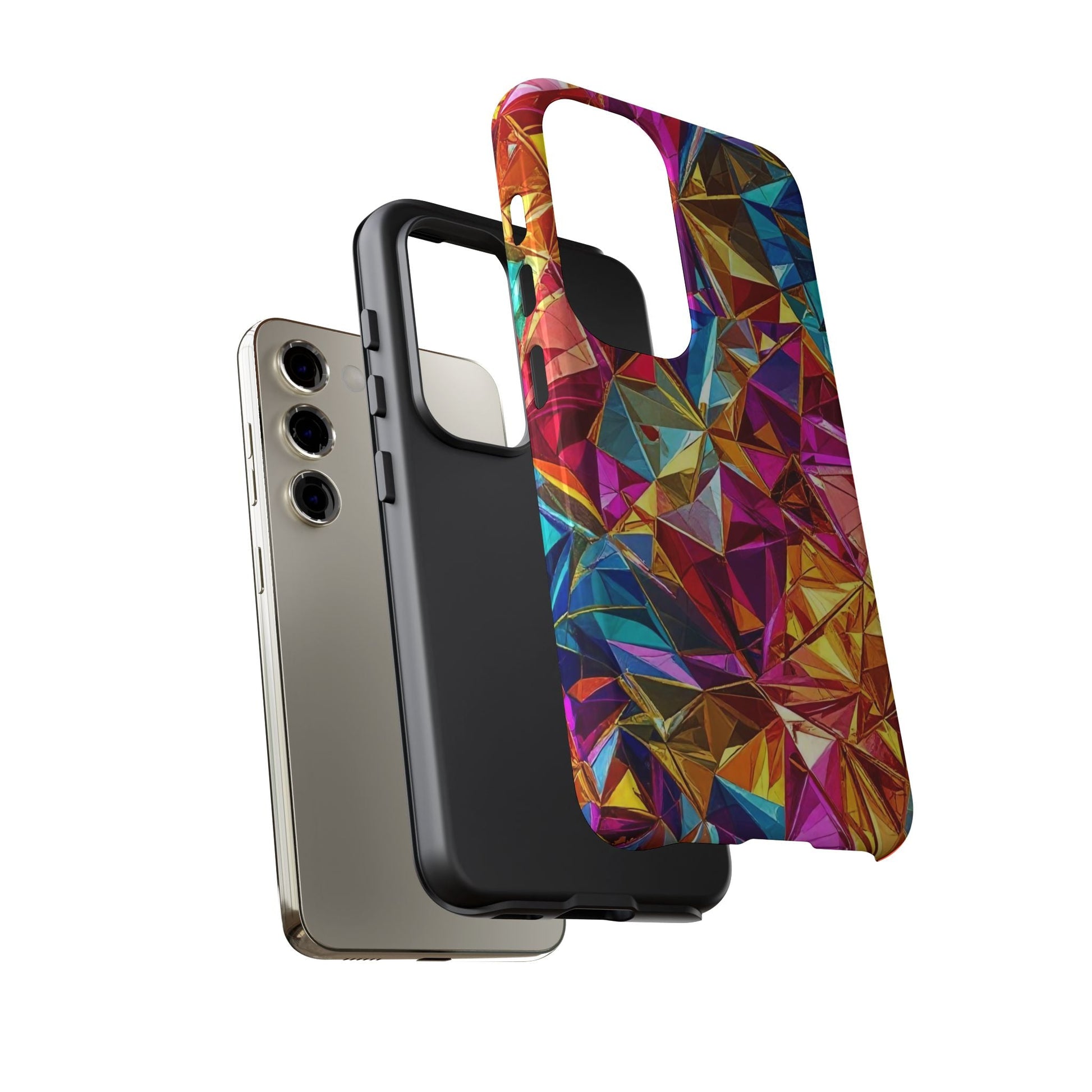 Rainbow foil Samsung phone case with vibrant geometric design and durable impact-resistant protection for Galaxy S series models