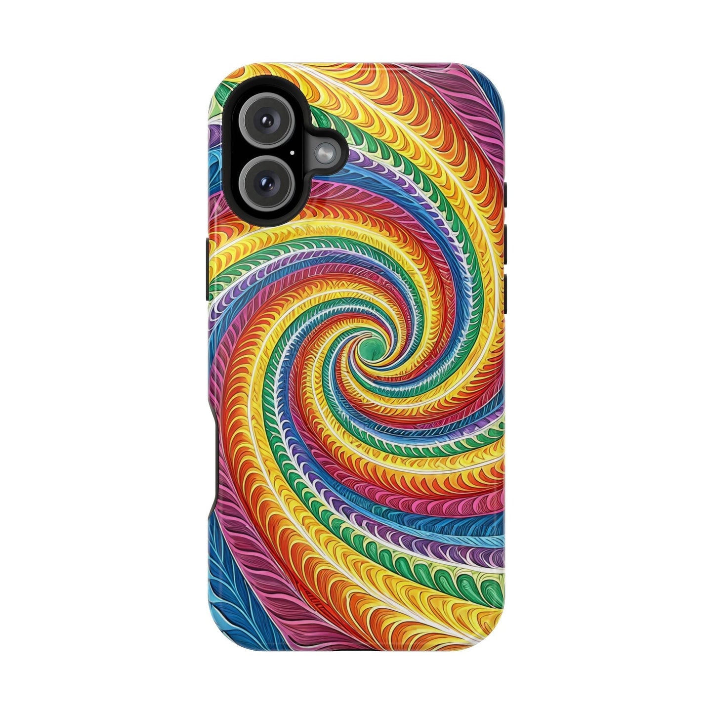 Rainbow Swirl iPhone tough case with vibrant colorful spiral design and durable dual-layer protection, MagSafe compatible.