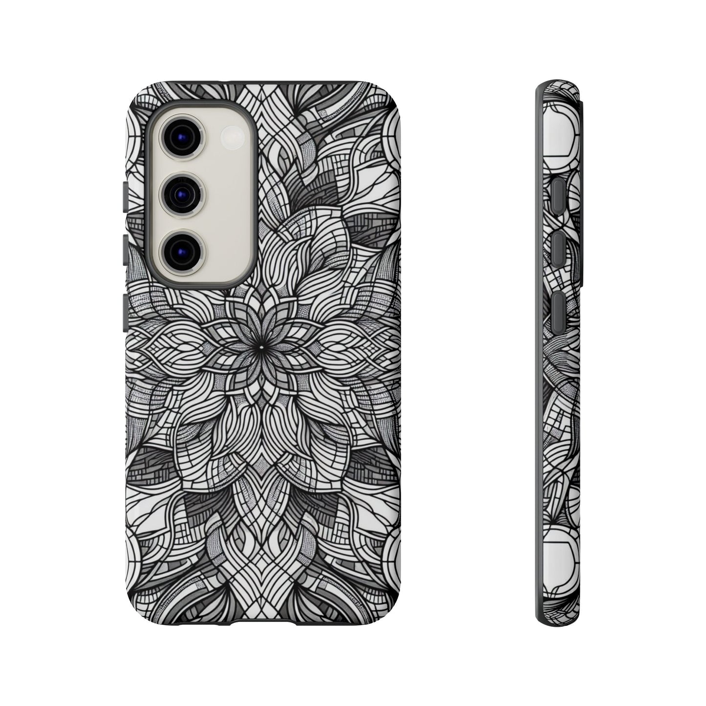 Black and white art explosion Samsung phone case with intricate floral geometric design and durable protection