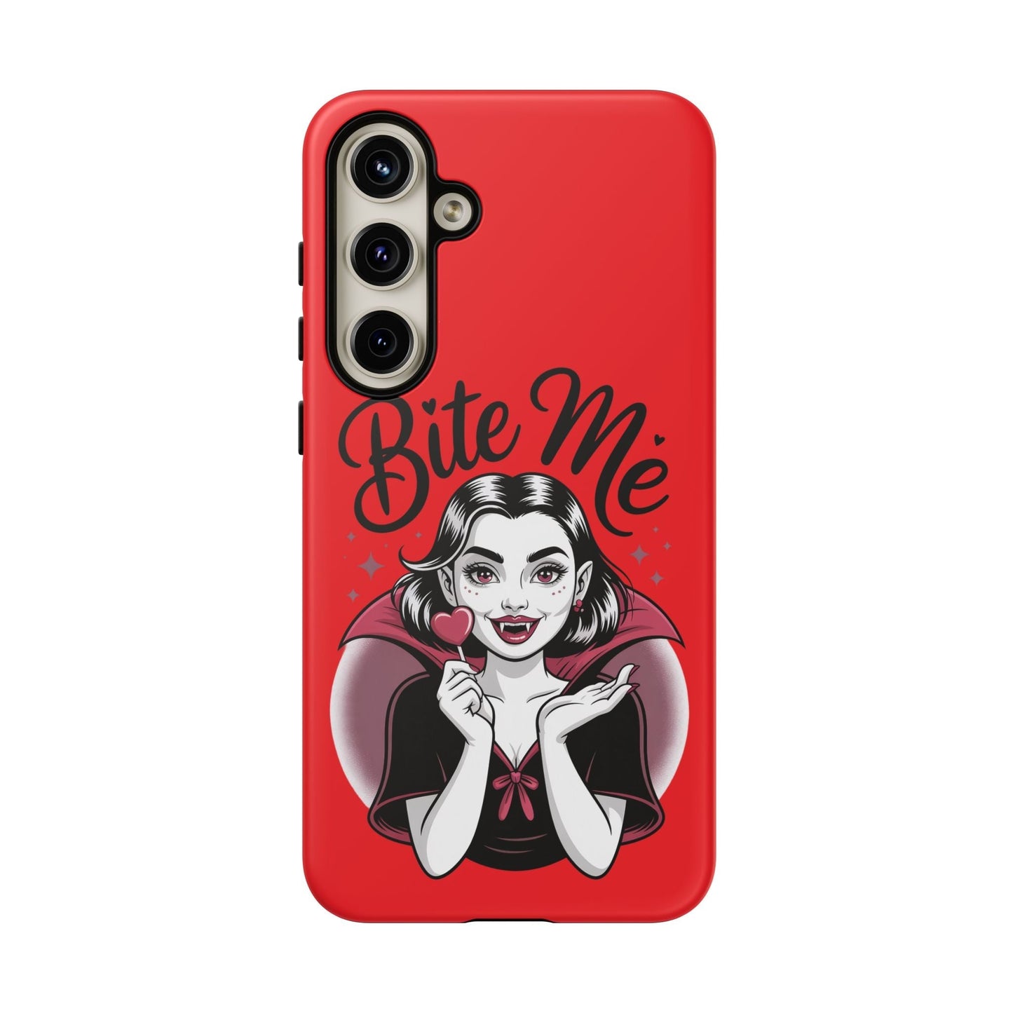 Bite Me Vampire Samsung phone case with a red background and cartoon vampire holding a heart lollipop design