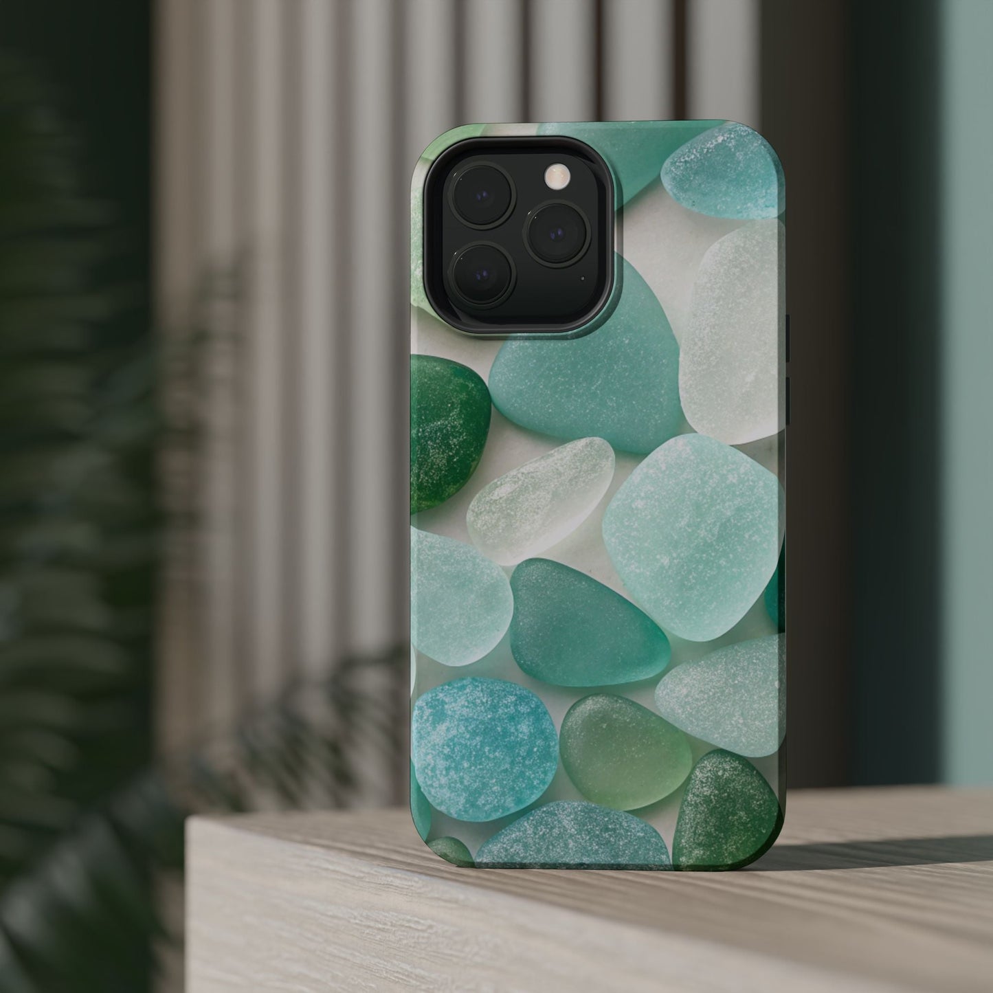 Sea Glass Inspired Design iPhone case with protective polycarbonate and TPU layers, featuring a calming coastal sea glass pattern and MagSafe magnet.