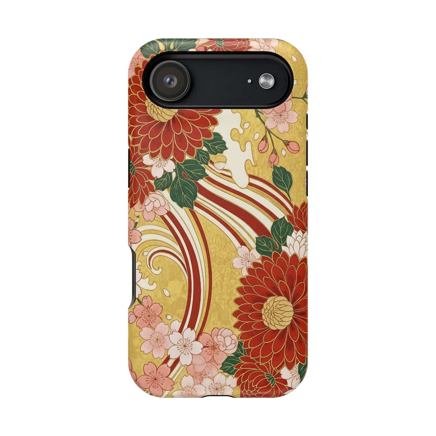 iPhone case with Japanese chrysanthemum and cherry blossom floral design, magnetic, impact-resistant, slim protective cover