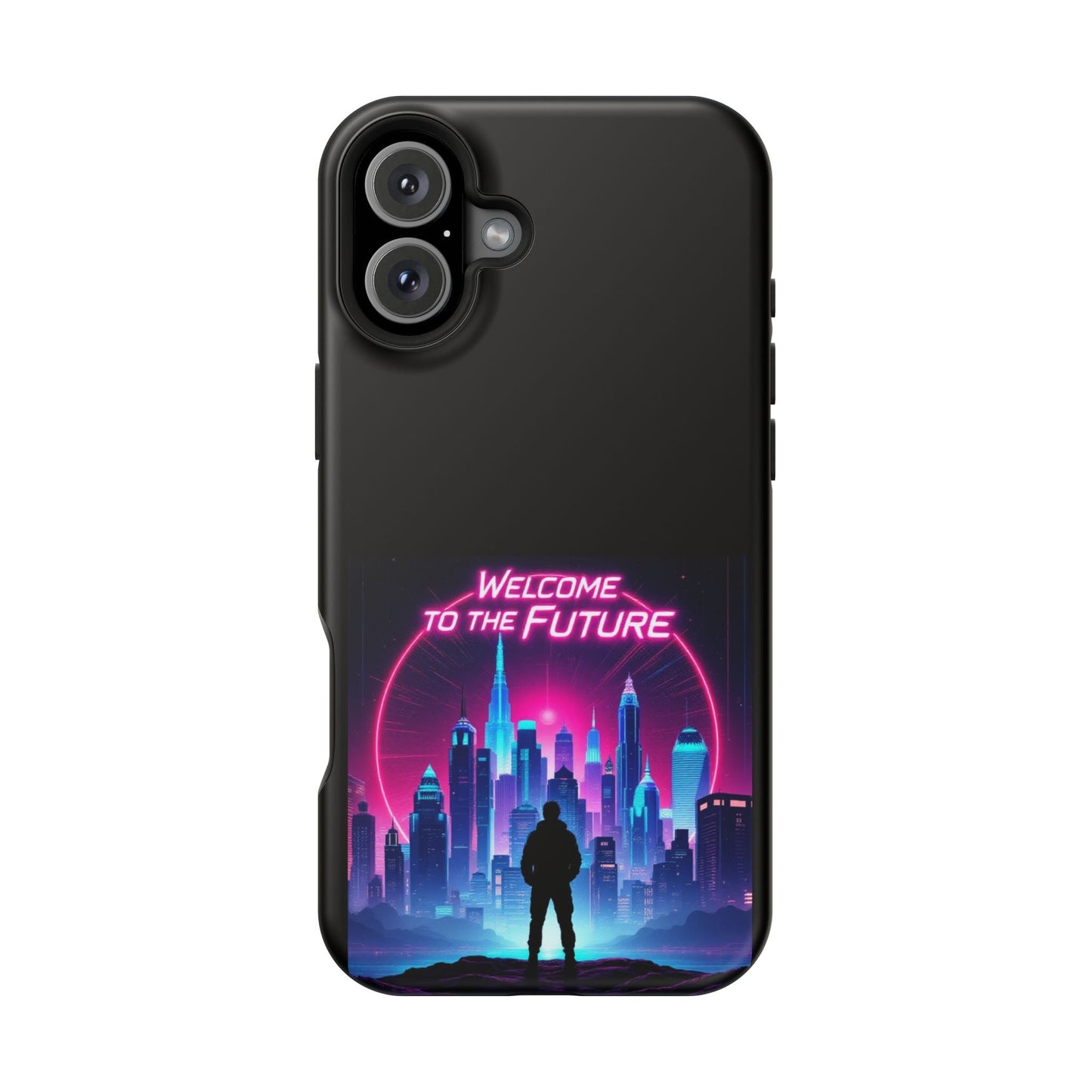 Futuristic Vibe iPhone Case with neon cityscape and "Welcome to the Future" text, durable MagSafe compatible tough case