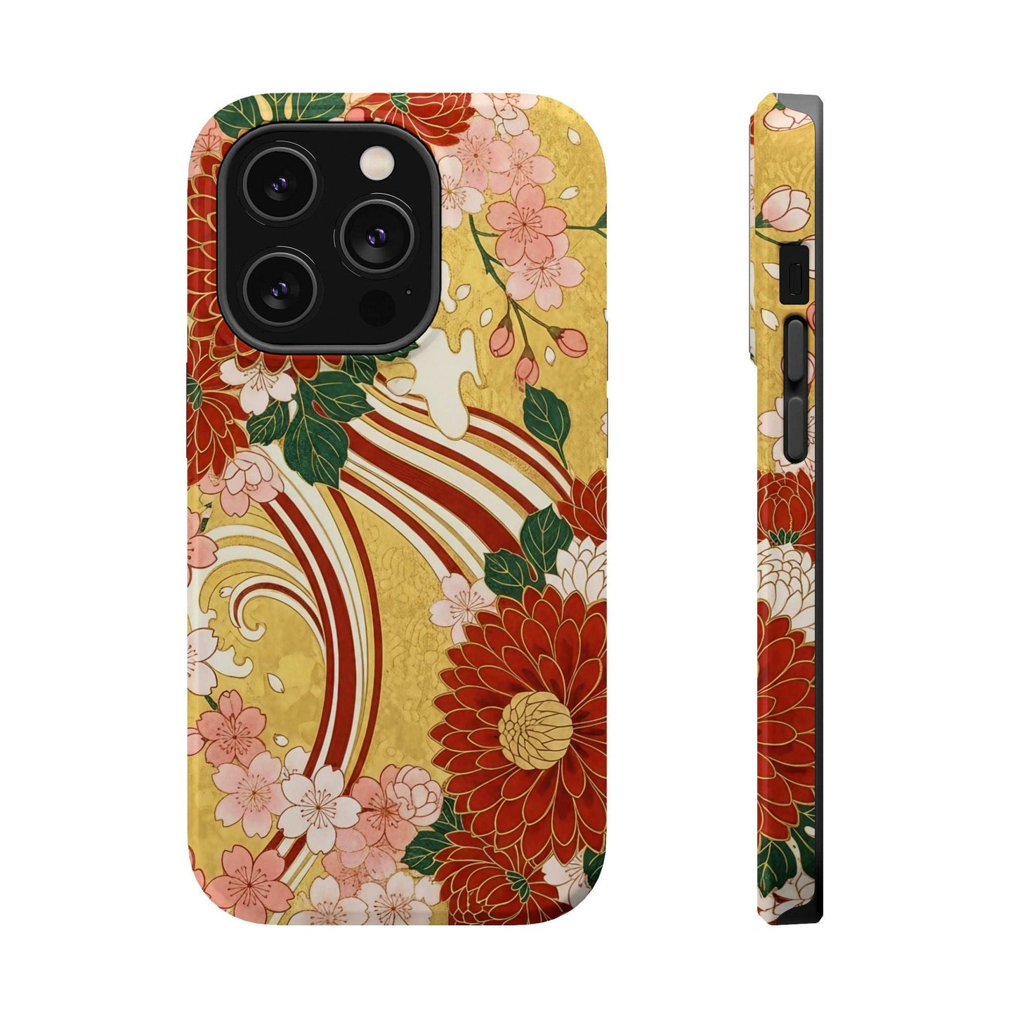 iPhone case with Japanese floral chrysanthemum and cherry blossom design, impact-resistant, MagSafe compatible, glossy or matte finish