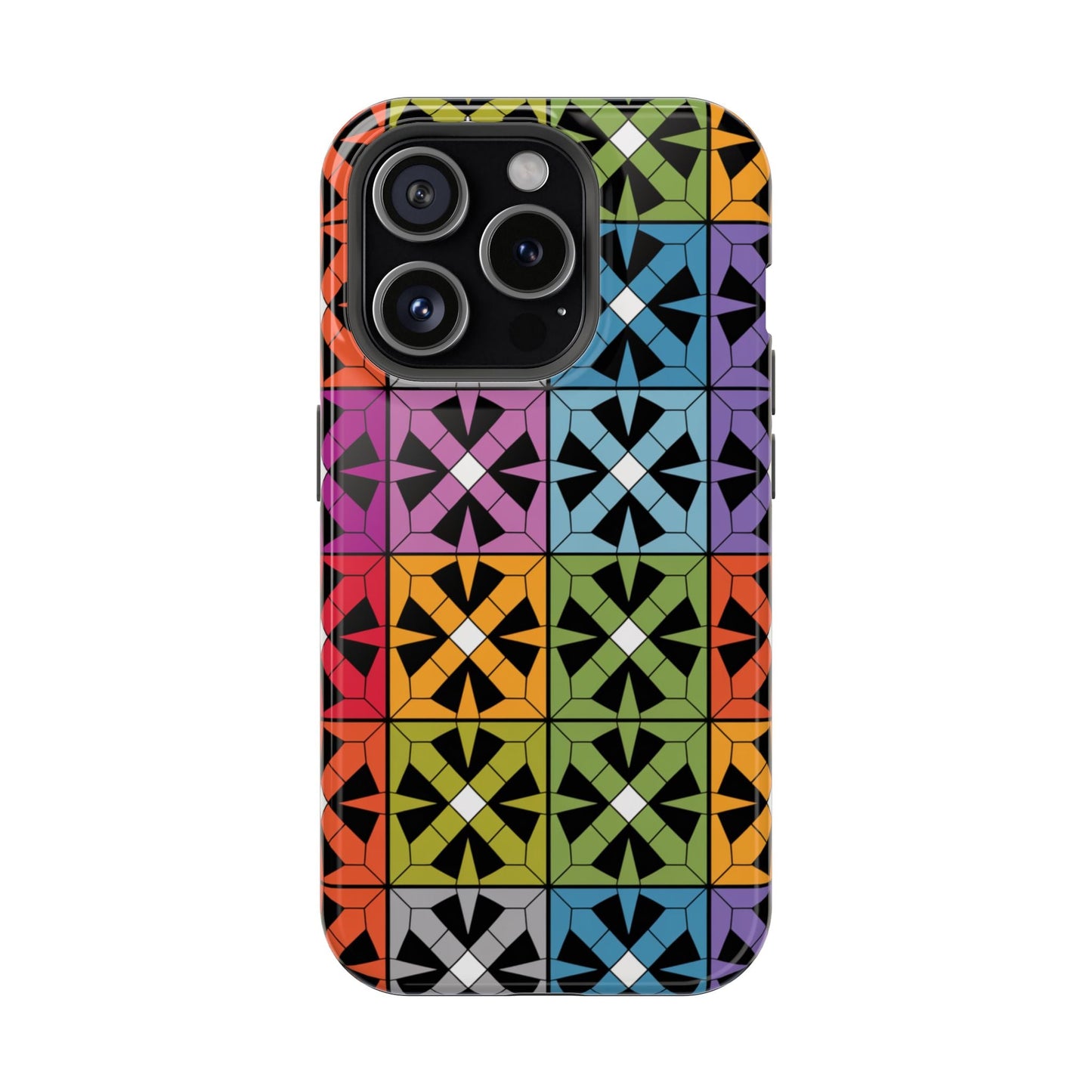Rainbow Squares iPhone Tough Case with vibrant multicolor geometric pattern and durable protective design