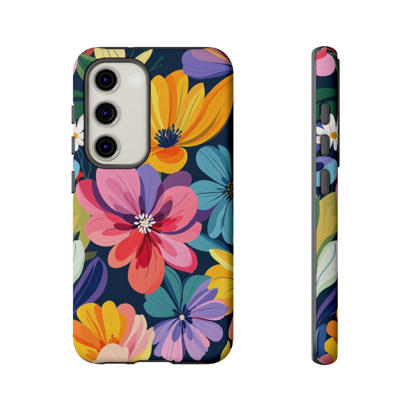 Colorful floral Samsung phone case with vibrant flower design and shock-absorbing silicone liner