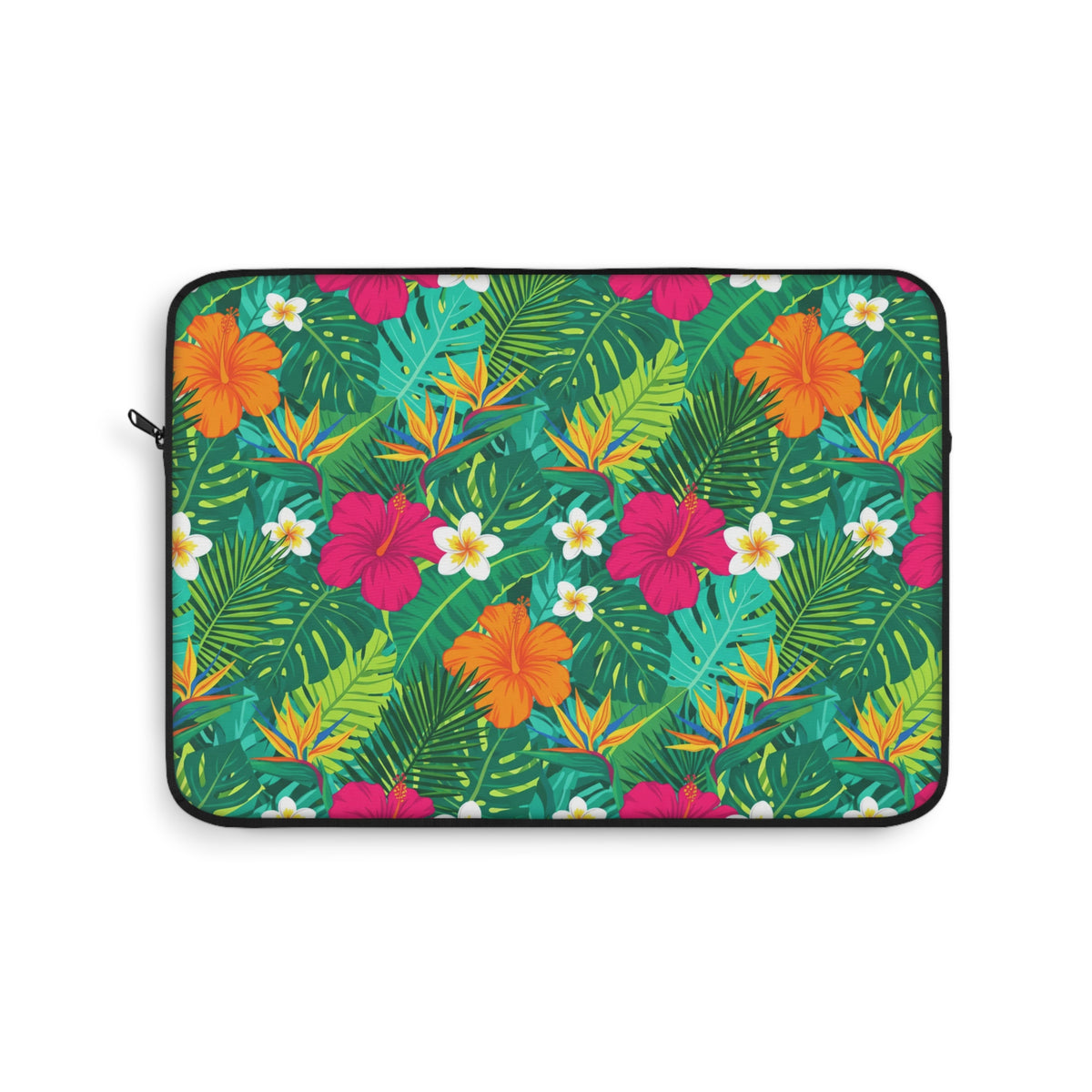 Laptop sleeve with a vibrant tropical floral and leaf pattern.