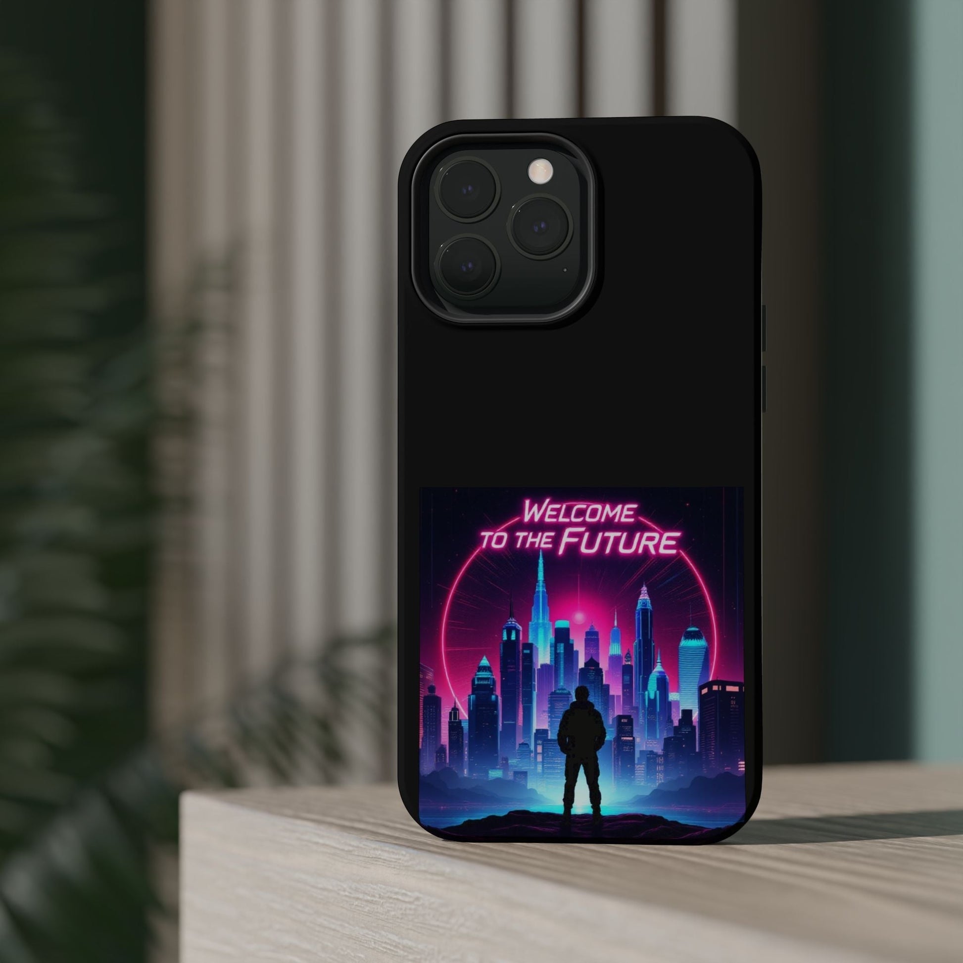 Futuristic Vibe iPhone Case with bold cityscape design and MagSafe compatible durable protection