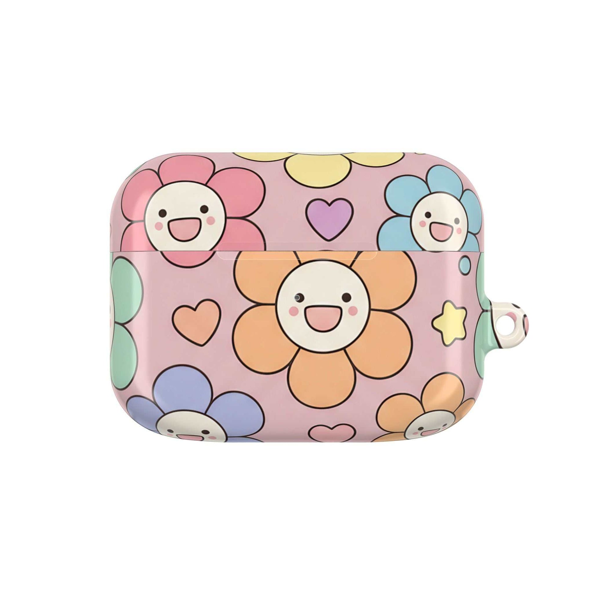 Happy Flower AirPod Case with colorful smiling floral design and durable polycarbonate shell