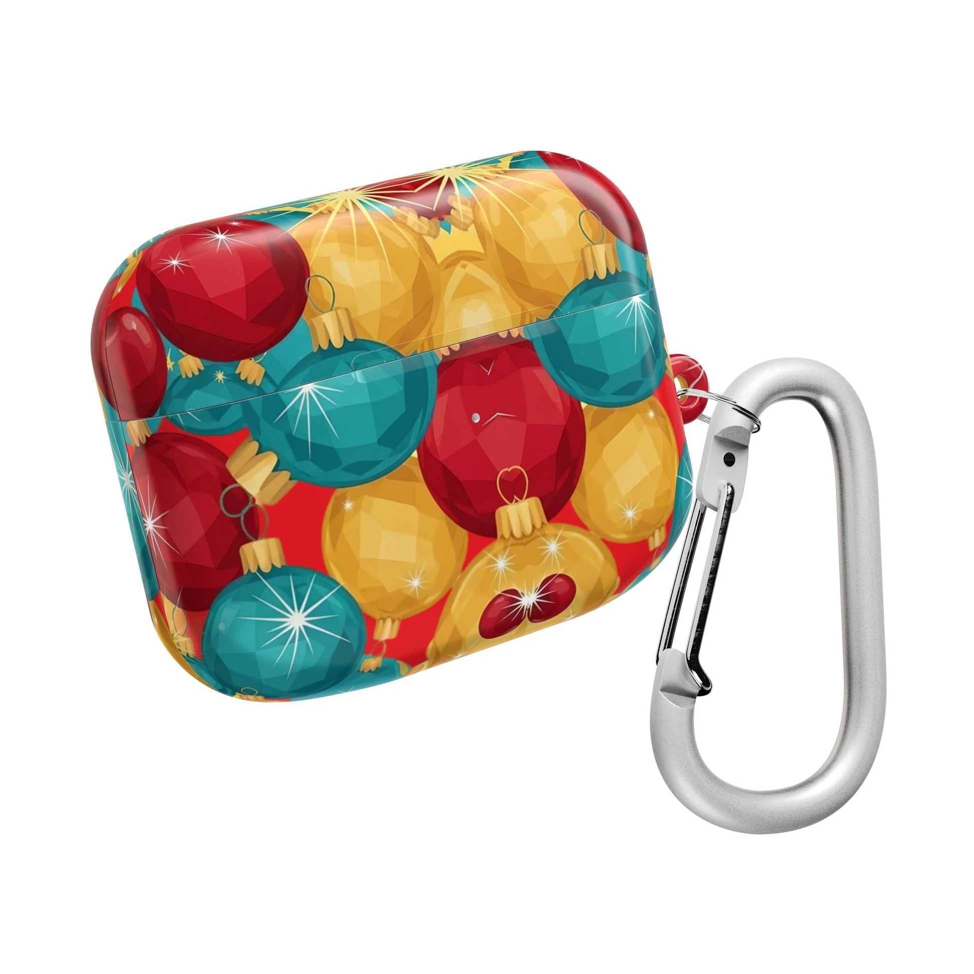 Christmas Tree Sparkle Bulb AirPod case with colorful holiday ornament design and attached silver carabiner clip