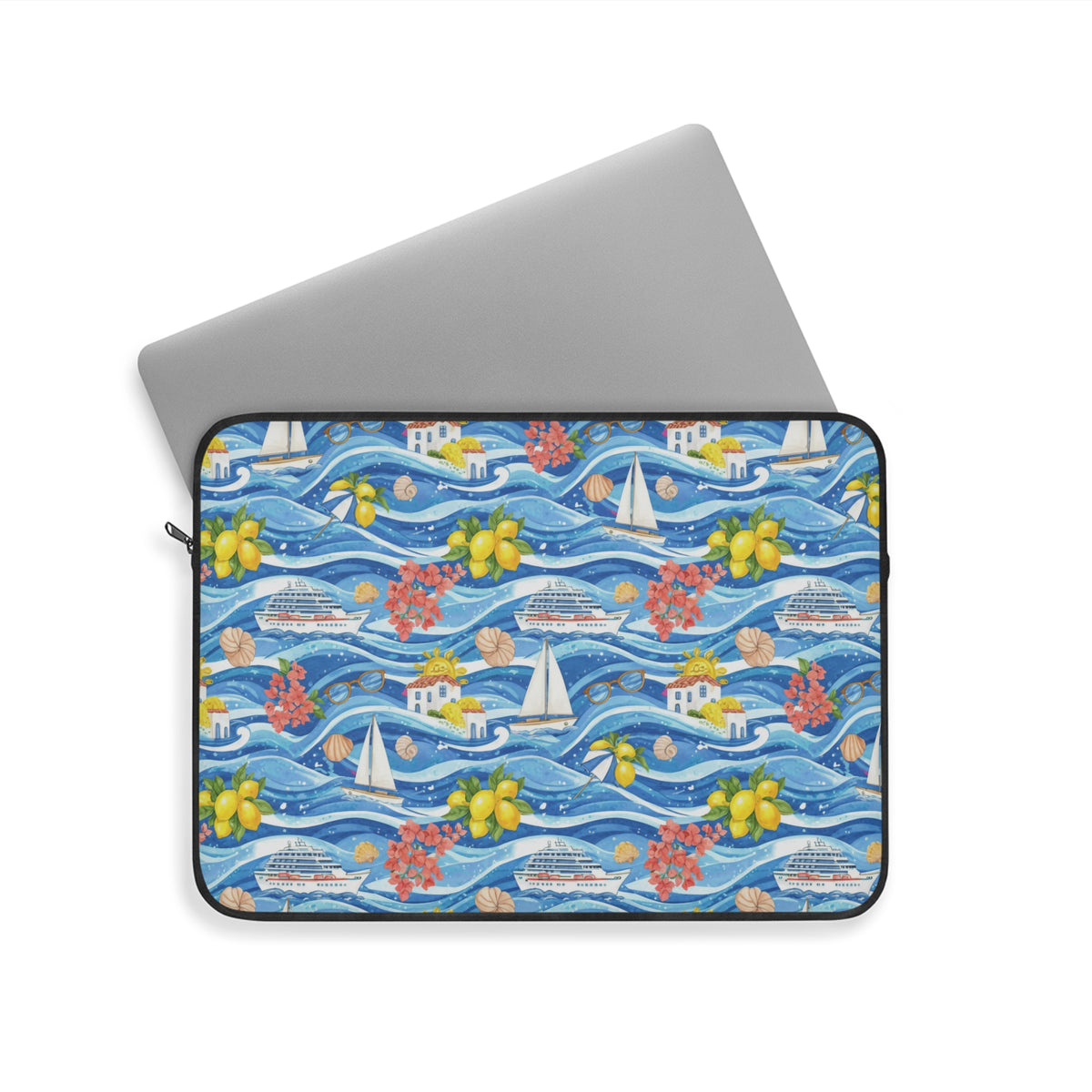 Laptop sleeve with a blue wavy pattern featuring cruise ships, sailboats, lemons, and houses.