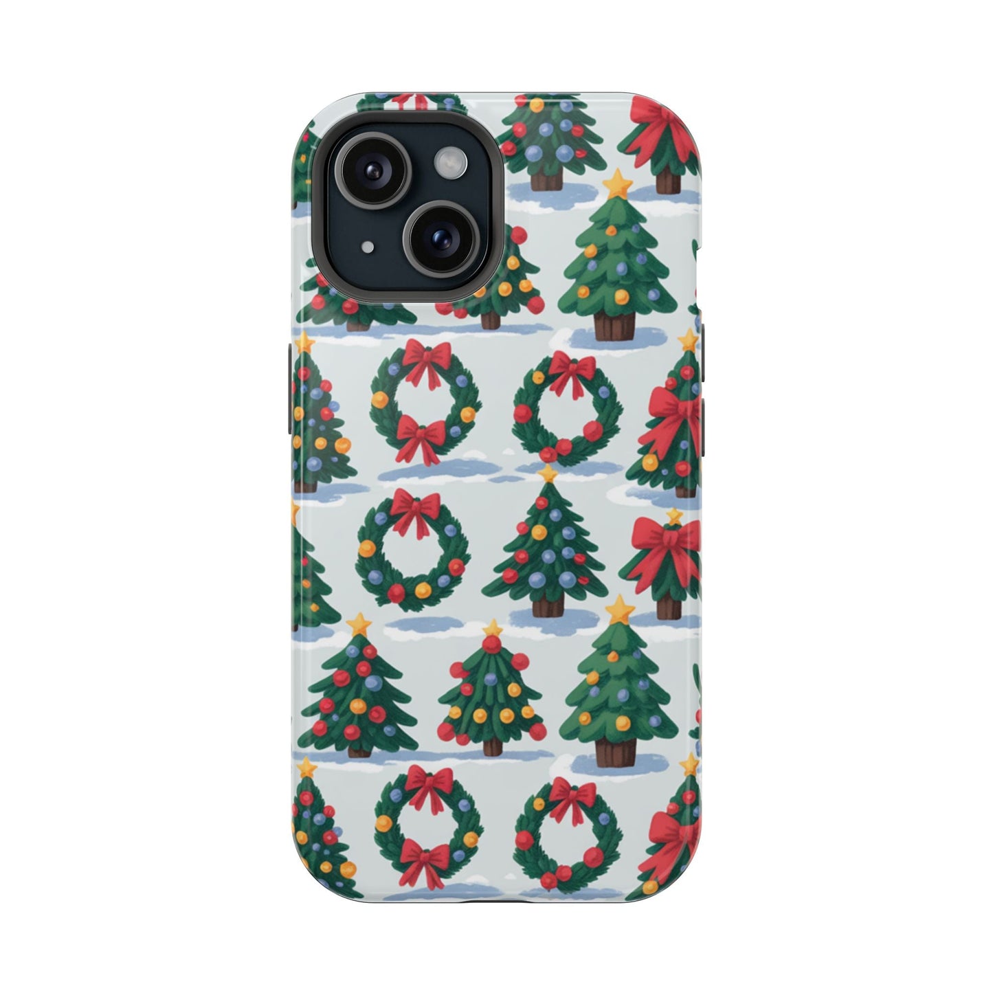 iPhone case with festive holiday tree and wreath pattern for Christmas protection and MagSafe compatibility