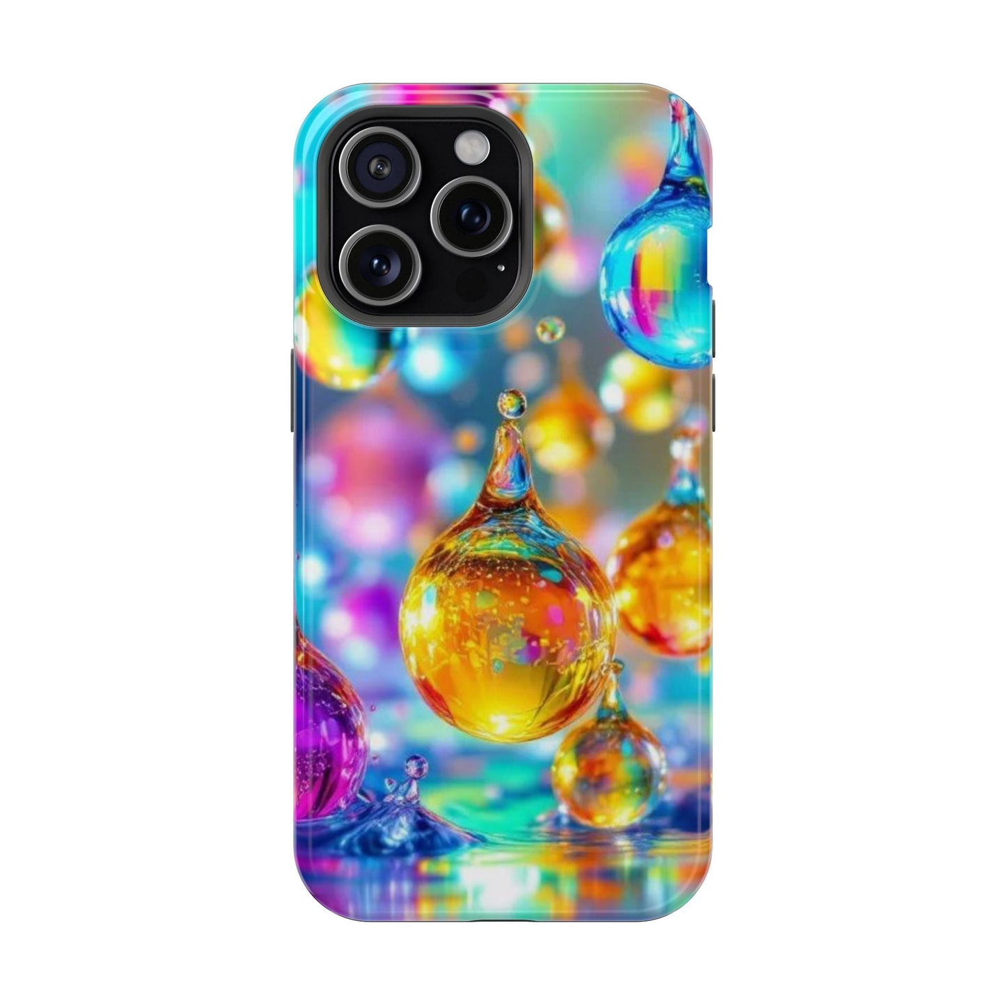 iPhone tough case with vibrant golden raindrop design and colorful abstract background, durable protective dual-layer with MagSafe magnet.