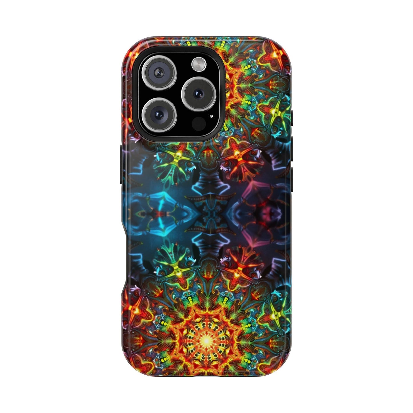 iPhone case with vibrant abstract kaleidoscope design, durable dual-layer protection, and MagSafe compatible
