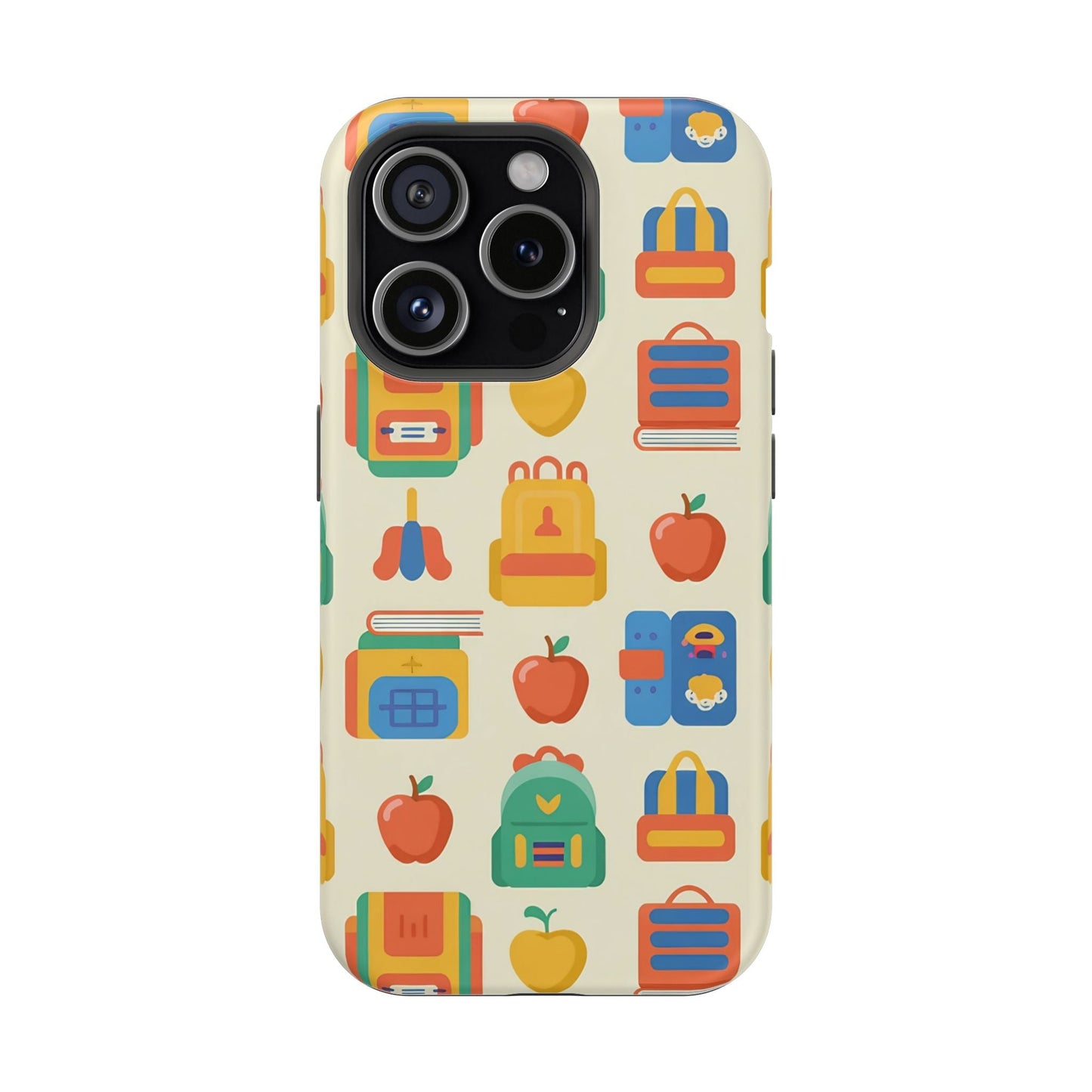 Durable Back to School Phone Case for iPhone with colorful backpack and apple design and MagSafe compatibility