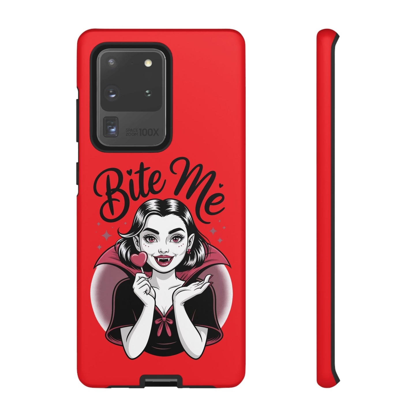 Red Samsung phone case with a vampire woman illustration and "Bite Me" text for Halloween protection