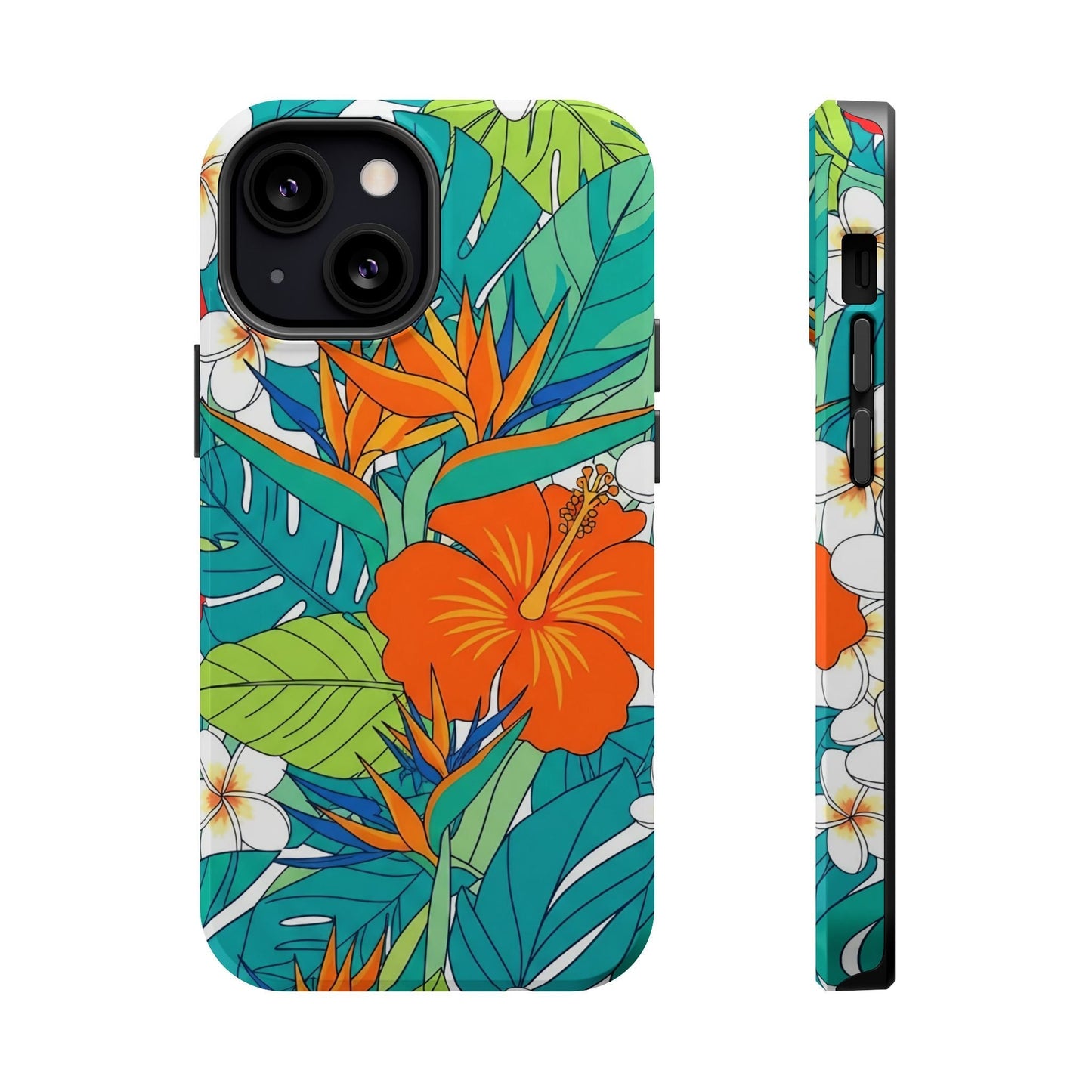 Vibrant Floral iPhone Case with orange hibiscus and tropical leaves, durable polycarbonate, MagSafe compatible, colorful phone protection accessory