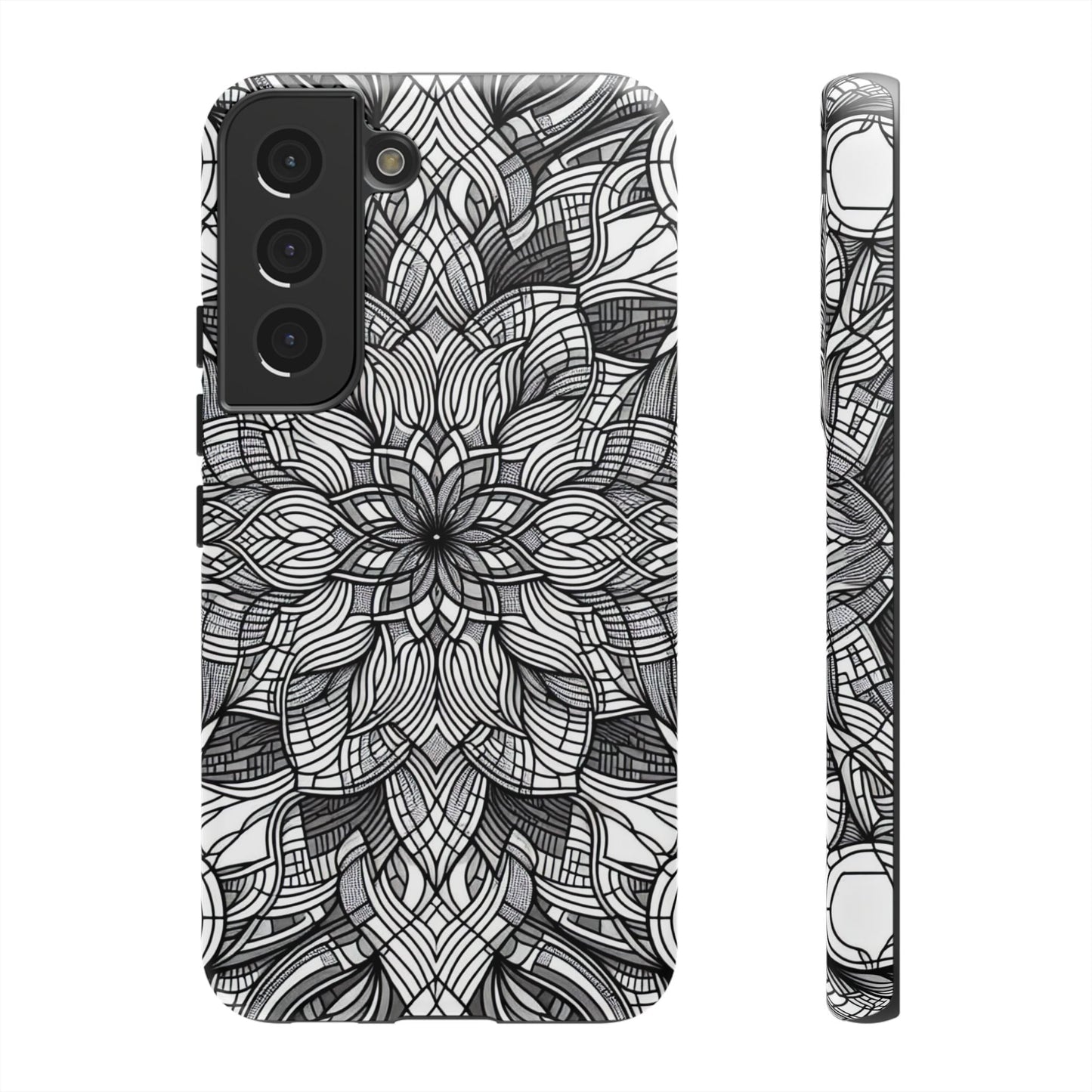 Black and white abstract floral art Samsung tough phone case with intricate design