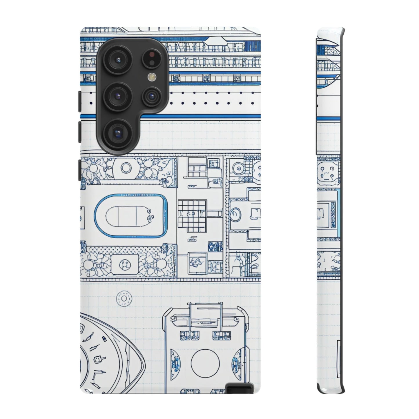 Samsung phone case with cruise ship design blueprint featuring 3D wrap, UV protection, and shock absorption for durable style and travel enthusiasts.
