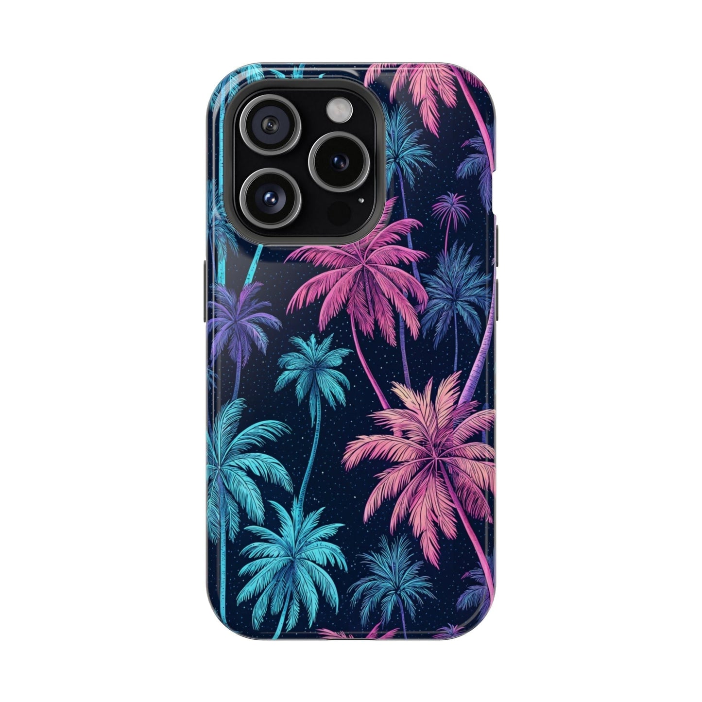iPhone case with neon pink and blue palm trees design and MagSafe compatibility, tropical themed protective phone cover
