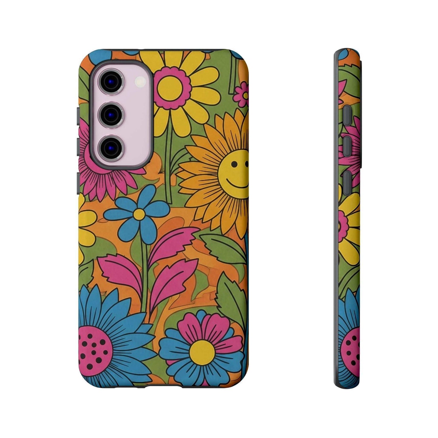 Samsung Phone Case with colorful retro flower power design and durable protective features
